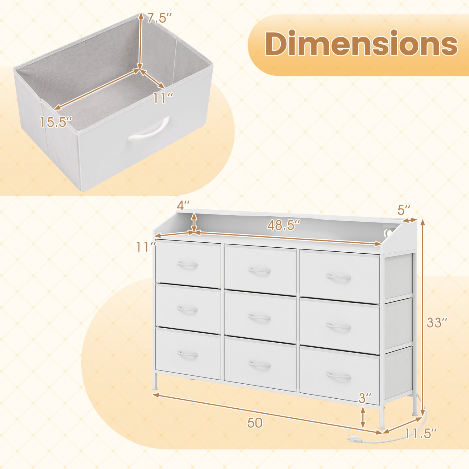 Storage Organizer with LED Lights and 9 Fabric Drawers for Bedroom-White