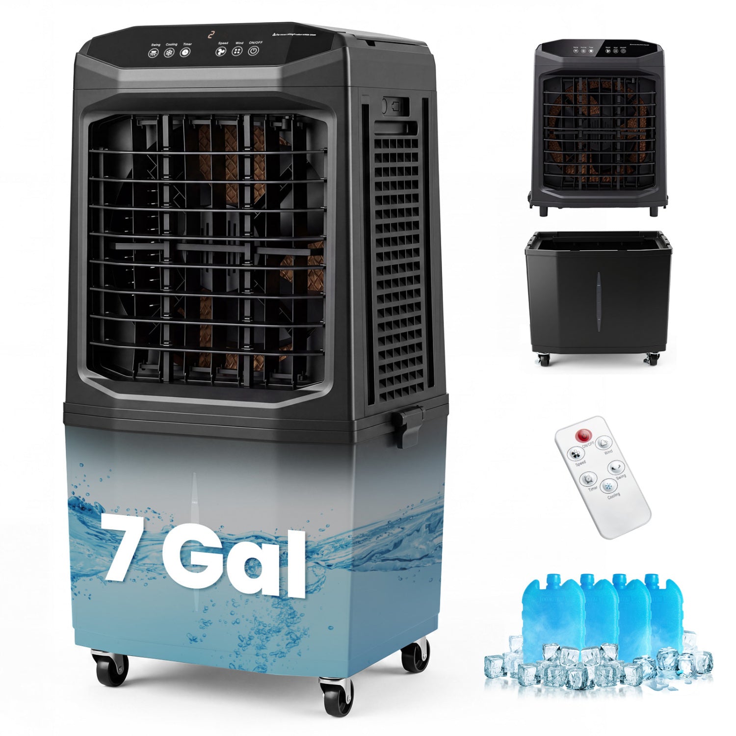 Swamp Cooler 1800 CFM Evaporative Air Cooler with 7 Gal Detachable Water Tank-Black