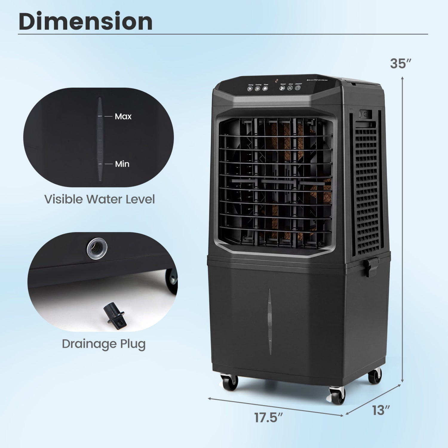Swamp Cooler 1800 CFM Evaporative Air Cooler with 7 Gal Detachable Water Tank-Black