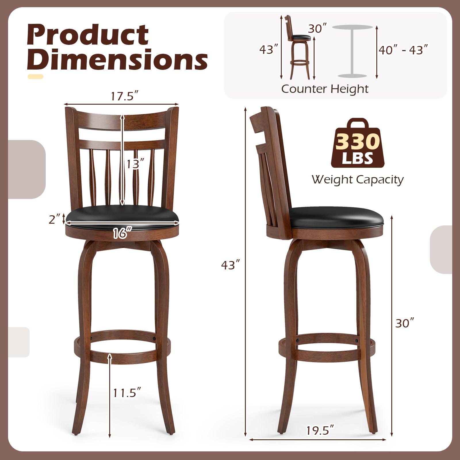 Swivel Bar Stools Set of 2 Counter Height Faux Leather Upholstered Barstools-29 Inhces