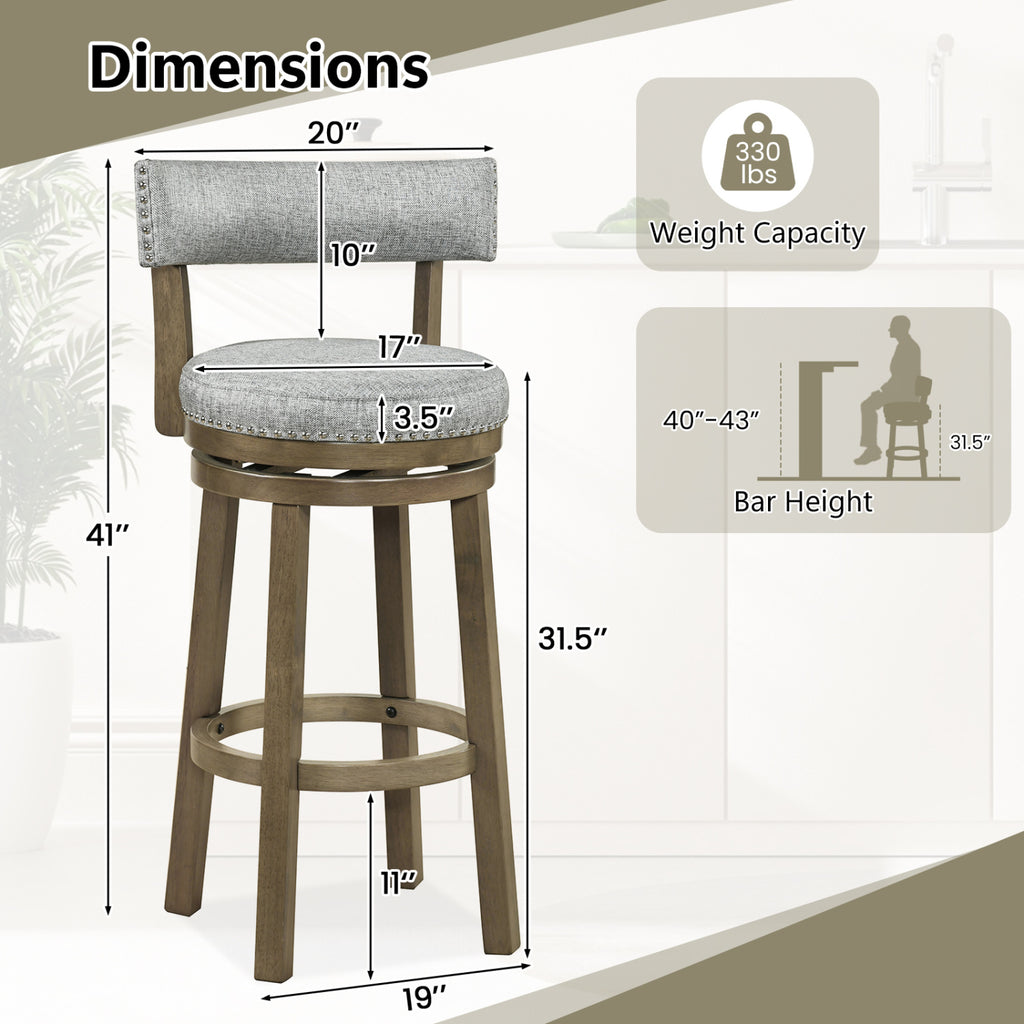 Swivel Bar Stools Set of 2 Linen Fabric Upholstered Barstools with Back-31.5 Inches