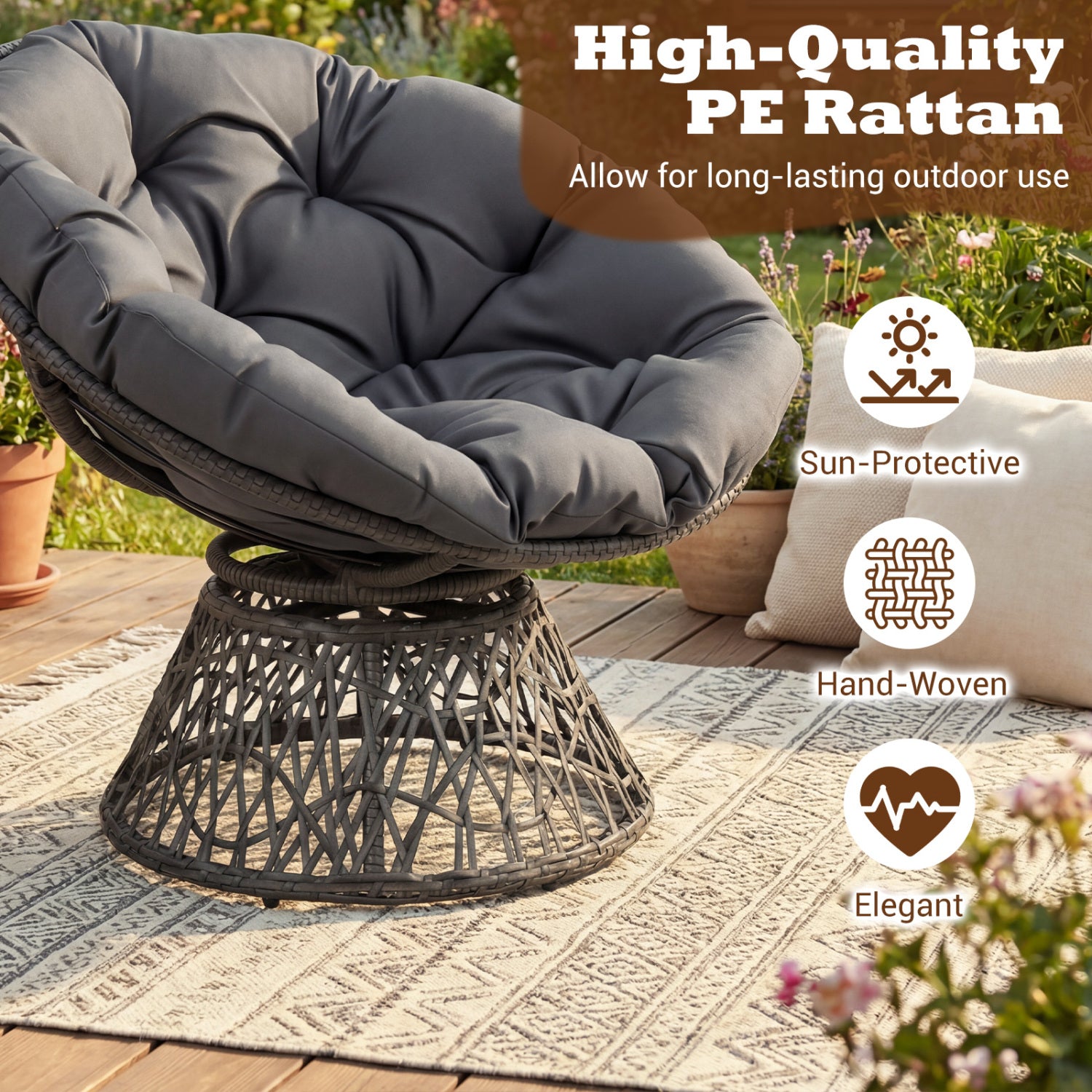 Swivel Papasan Chair Round Wicker Lounge Chair with Thick Cushion-Grey