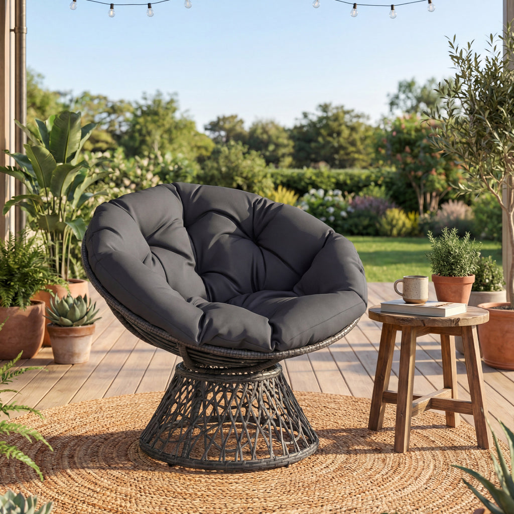 Swivel Papasan Chair Round Wicker Lounge Chair with Thick Cushion-Grey