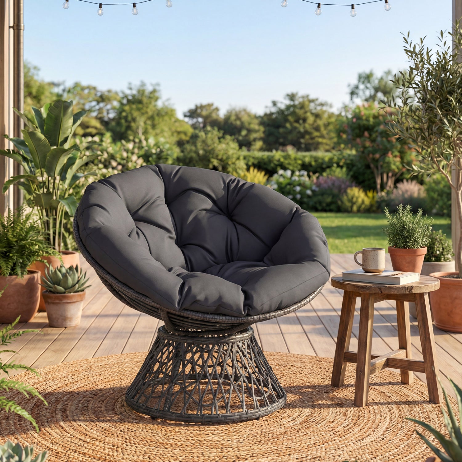 Swivel Papasan Chair Round Wicker Lounge Chair with Thick Cushion-Grey