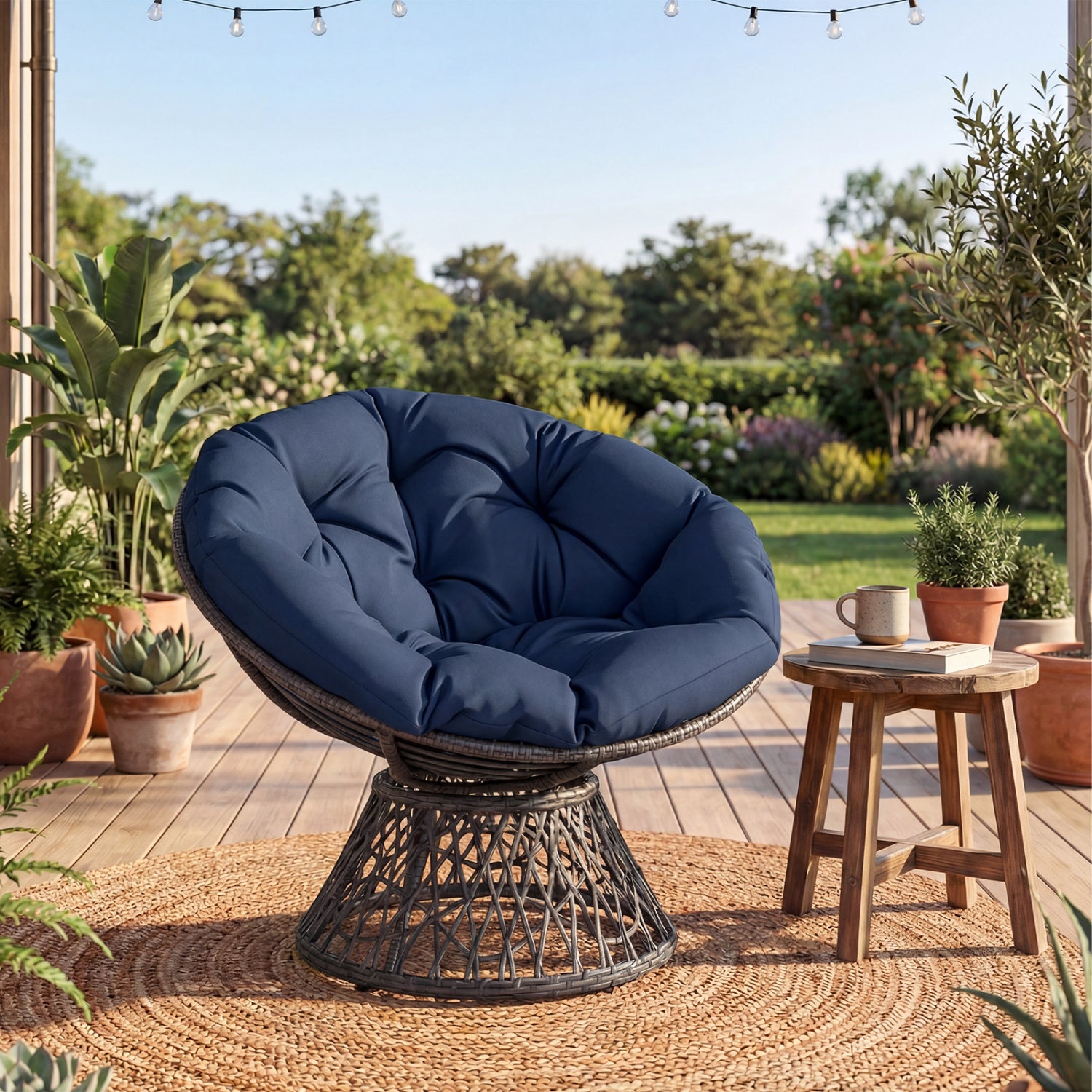 Swivel Papasan Chair Round Wicker Lounge Chair with Thick Cushion-Navy