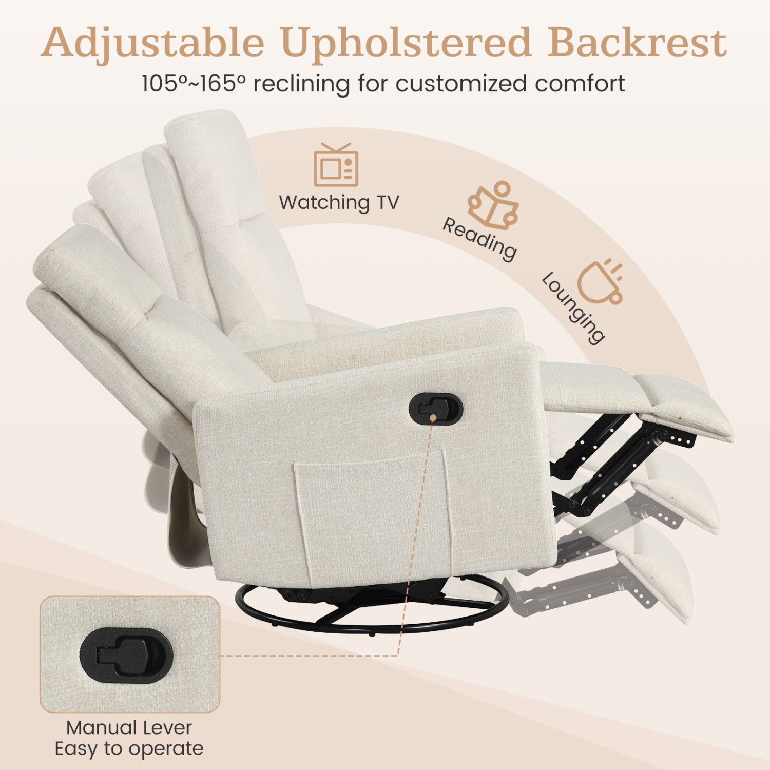 Swivel Rocking Chair 360Â° Nursery Reclining Rocker Armchair with Cushioned Back-Beige