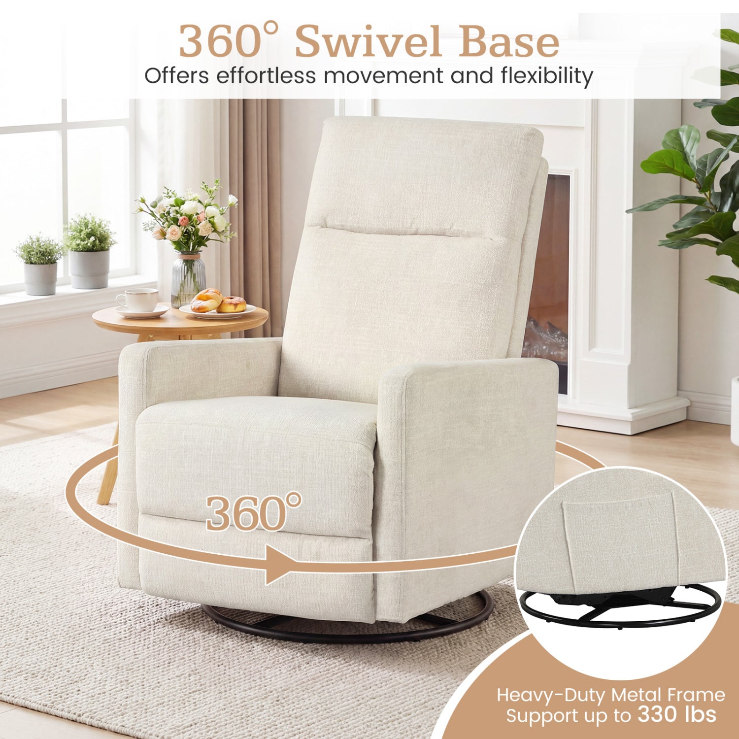 Swivel Rocking Chair 360Â° Nursery Reclining Rocker Armchair with Cushioned Back-Beige