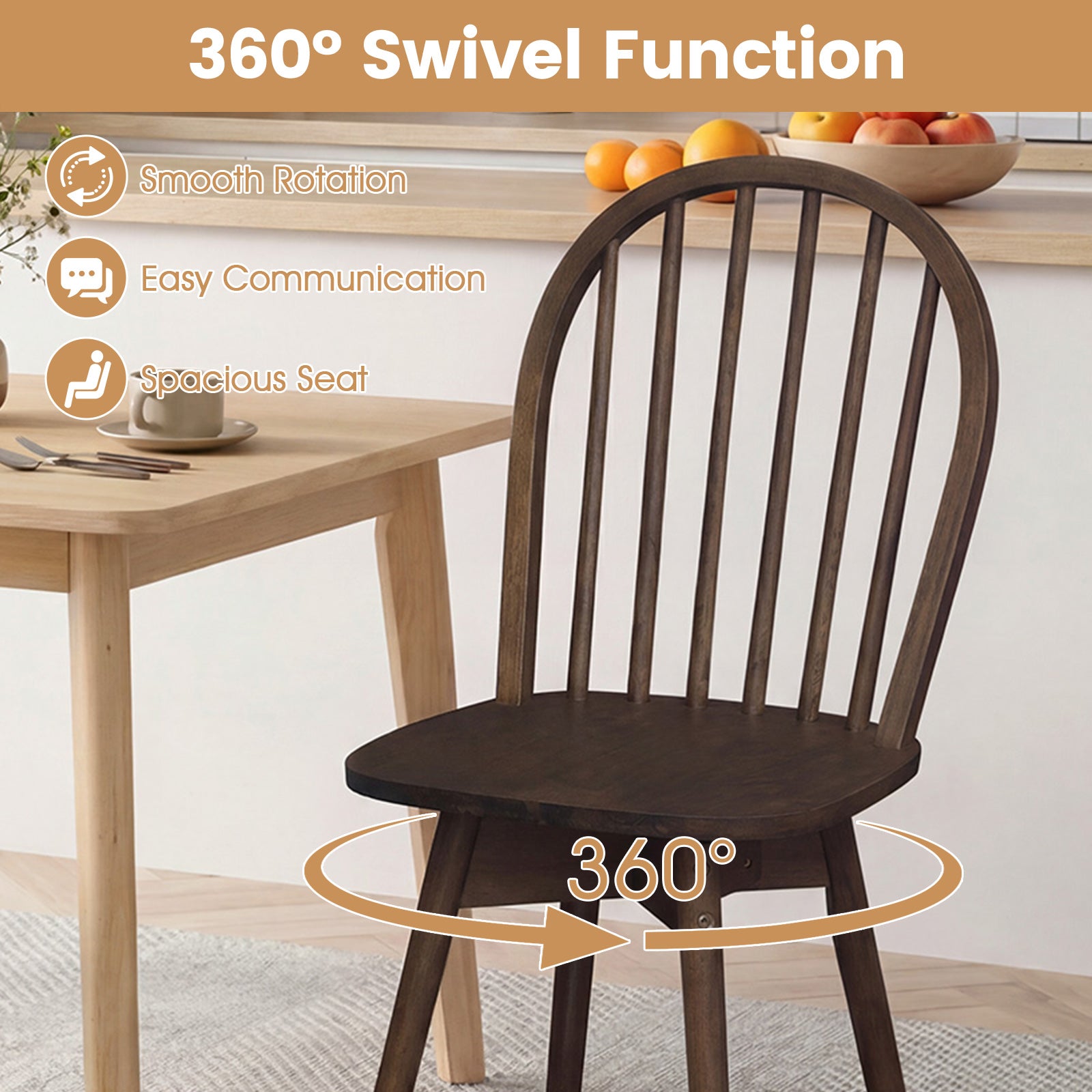 Swivel Windsor Dining Chairs Set of 4 with Solid Rubber Wood Frame-Walnut