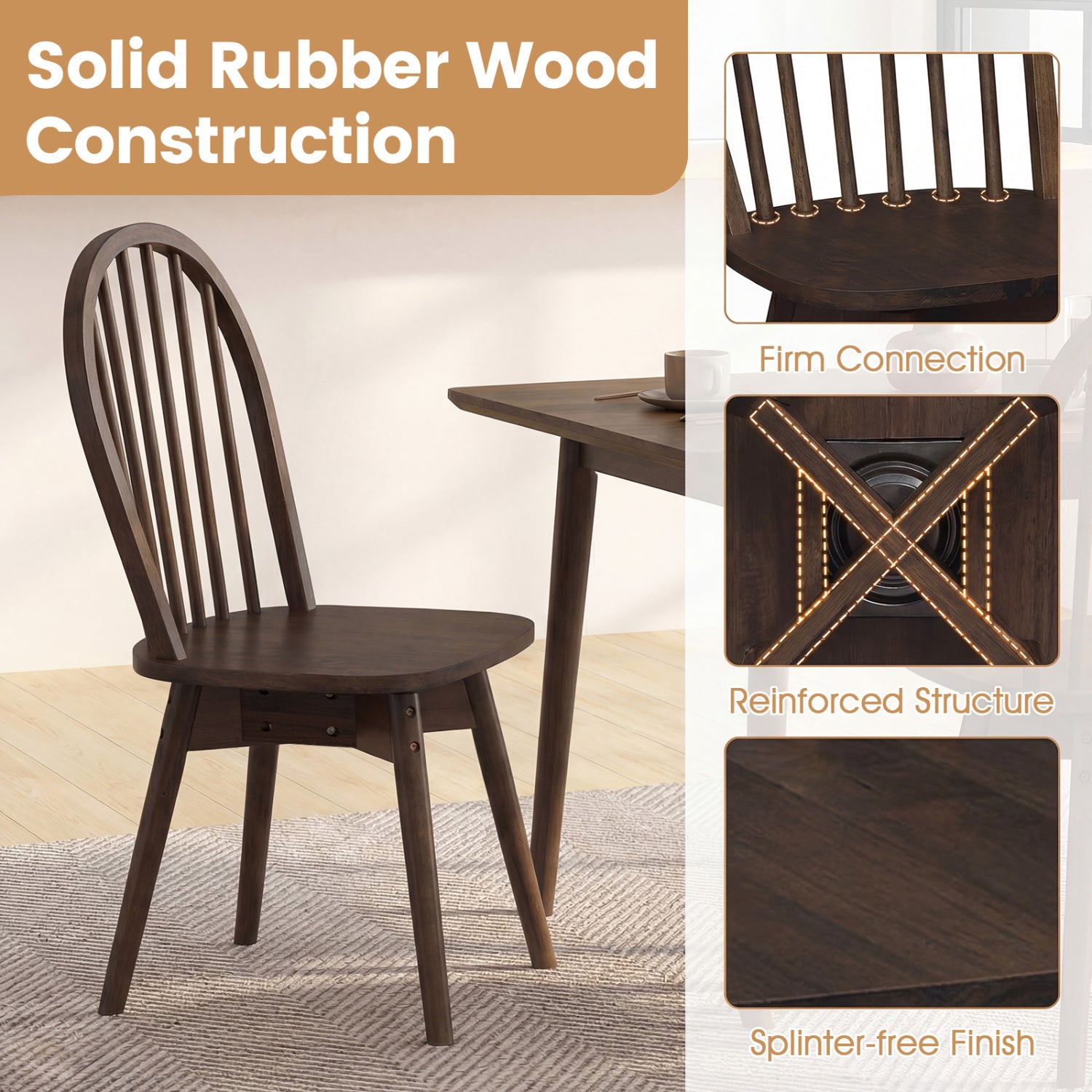 Swivel Windsor Dining Chairs Set of 2 with Solid Rubber Wood Frame-Walnut