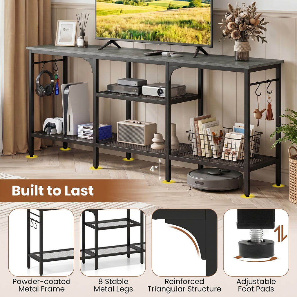 TV Stand for TVs up to 65 Inch with 3-Tier Open Shelves and 4 Hooks-Oak & Black