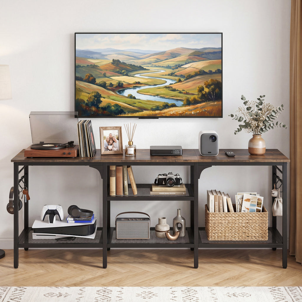 TV Stand for TVs up to 65 Inch with 3-Tier Open Shelves and 4 Hooks-Rustic Brown