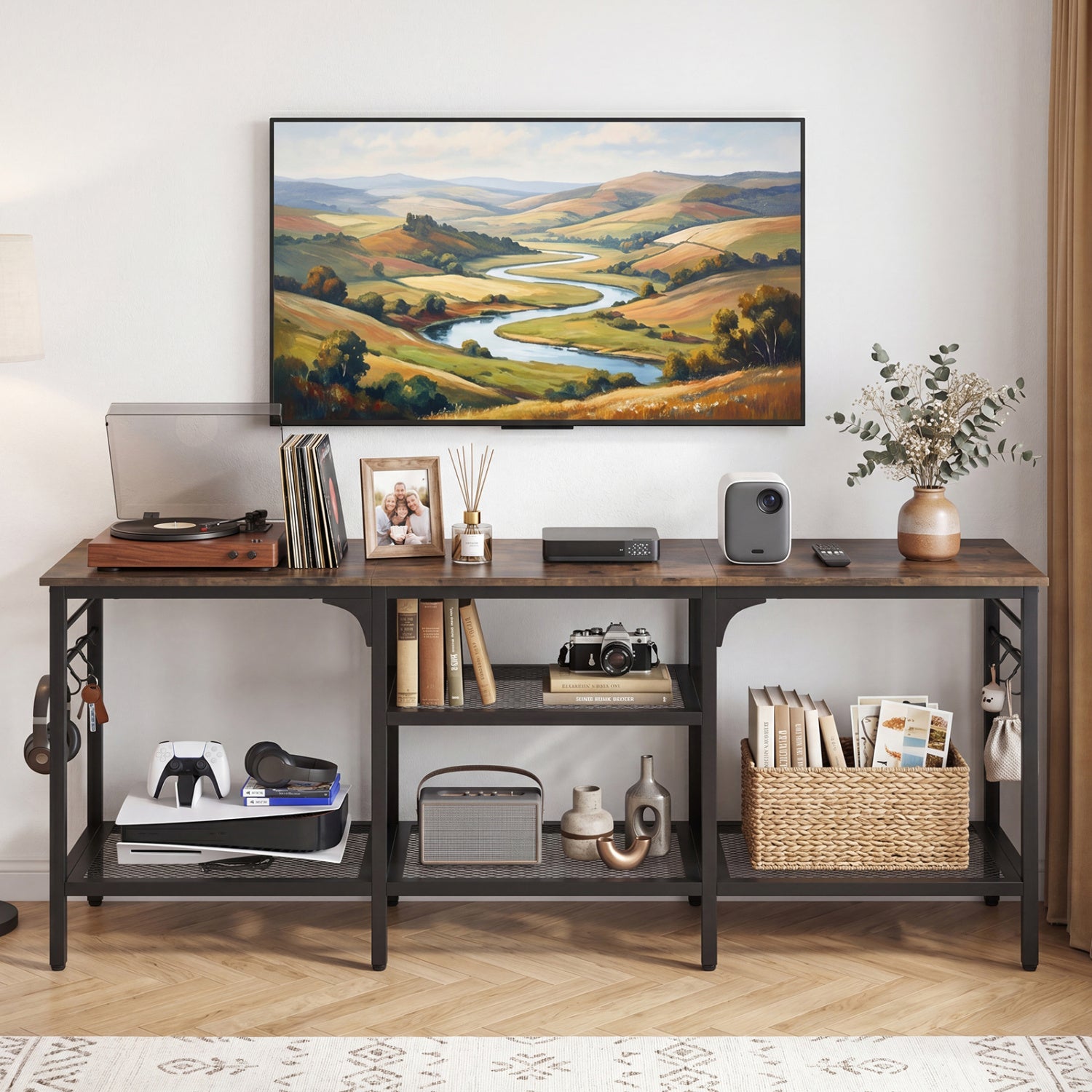 TV Stand for TVs up to 65 Inch with 3-Tier Open Shelves and 4 Hooks-Rustic Brown