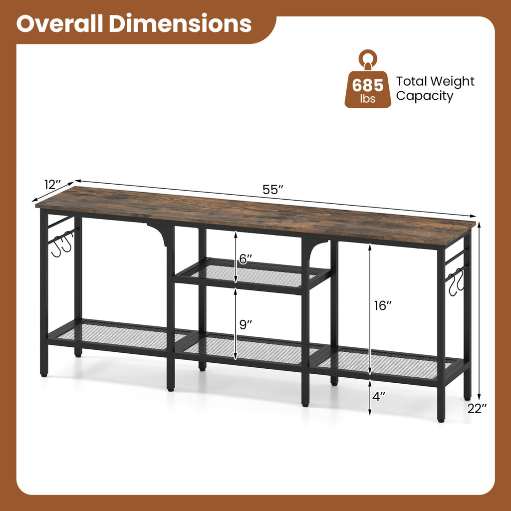 TV Stand for TVs up to 65 Inch with 3-Tier Open Shelves and 4 Hooks-Rustic Brown