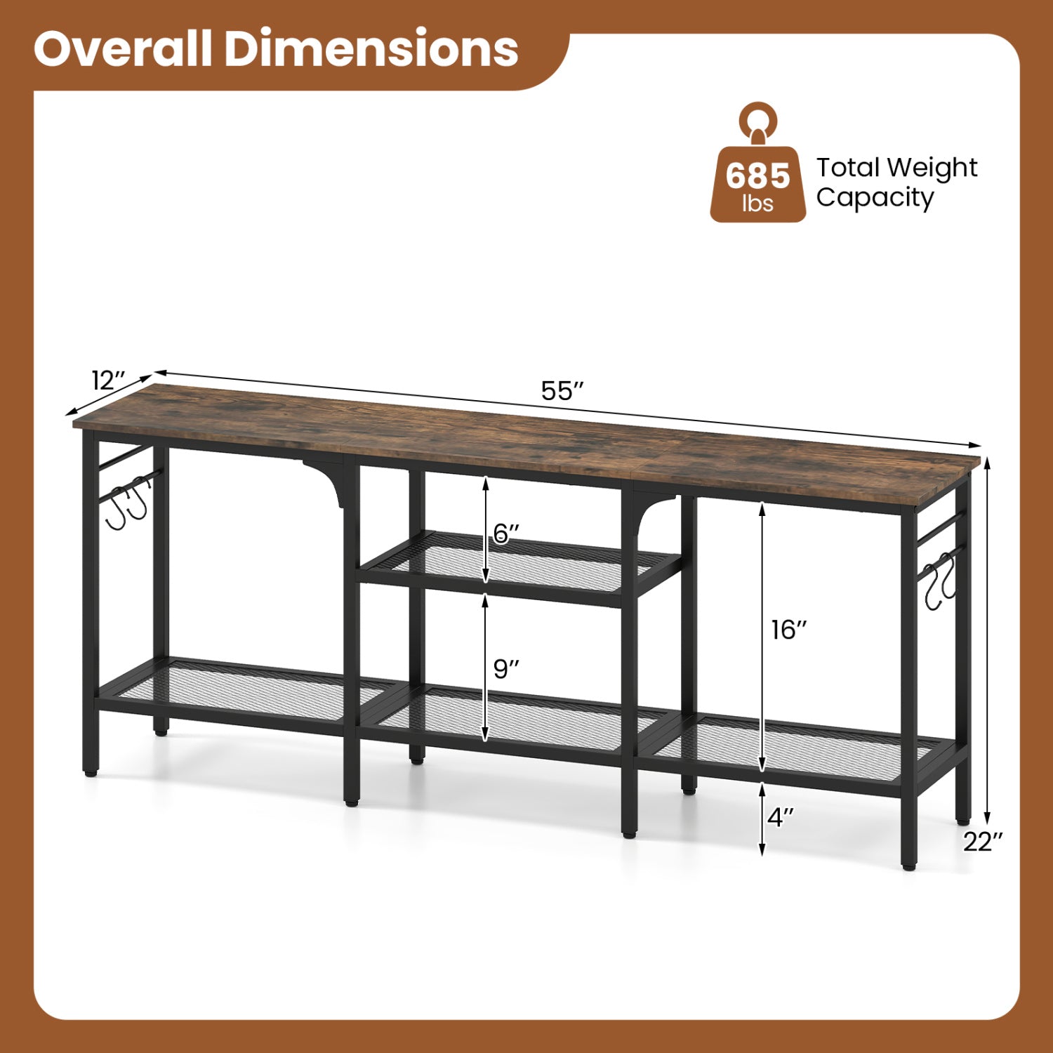 TV Stand for TVs up to 65 Inch with 3-Tier Open Shelves and 4 Hooks-Rustic Brown