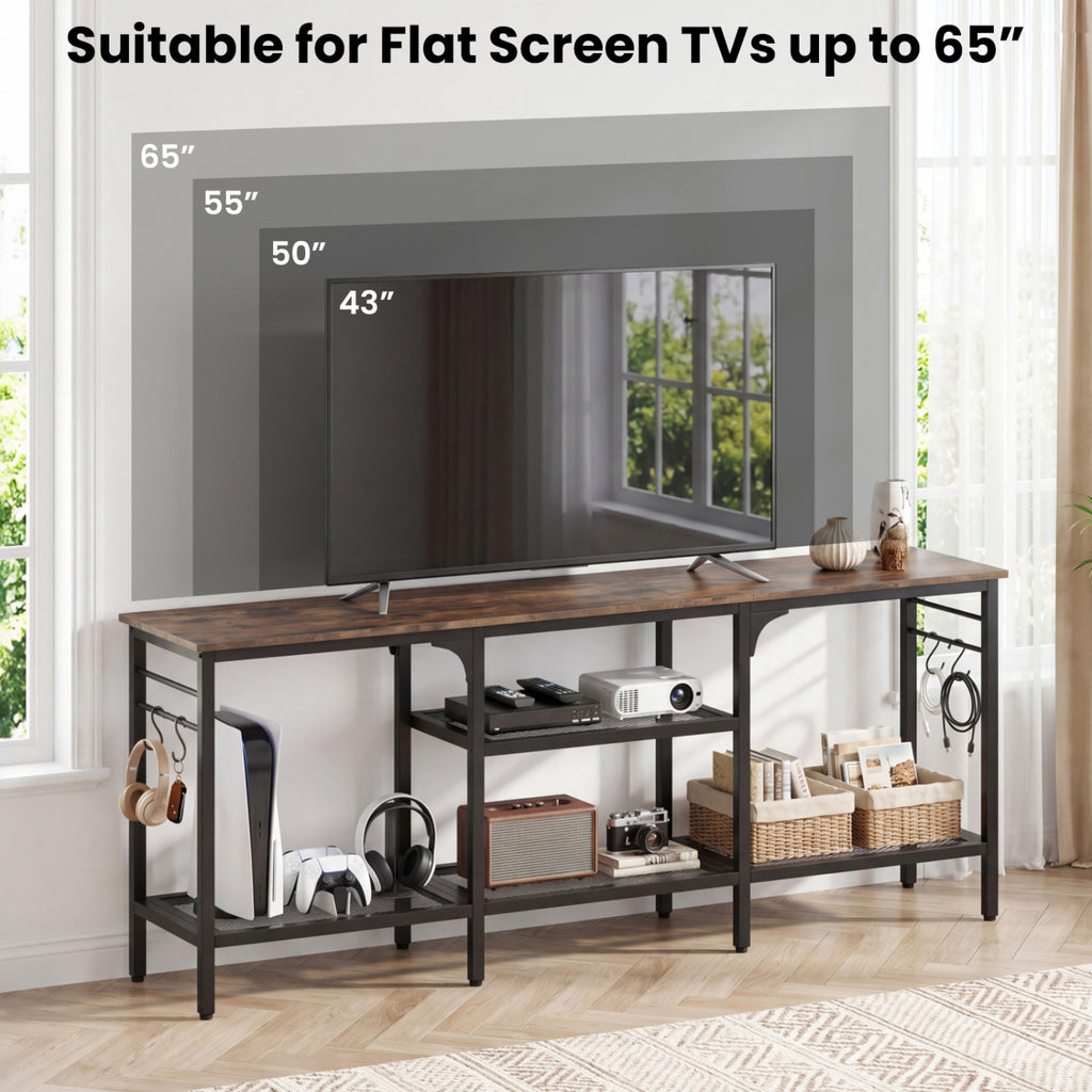 TV Stand for TVs up to 65 Inch with 3-Tier Open Shelves and 4 Hooks-Rustic Brown