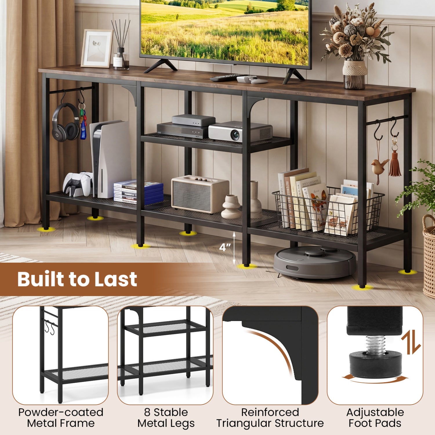 TV Stand for TVs up to 65 Inch with 3-Tier Open Shelves and 4 Hooks-Rustic Brown