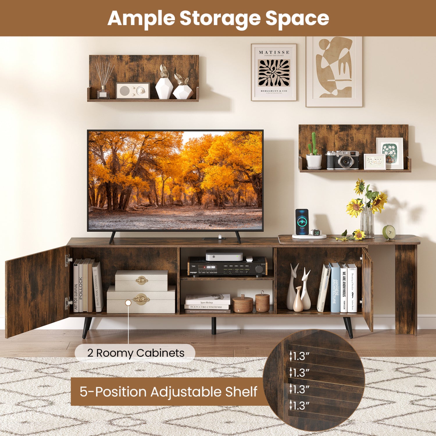 TV Stand for TVs up to 85 Inch with 2 Wall Shelves and Charging Station- Brown
