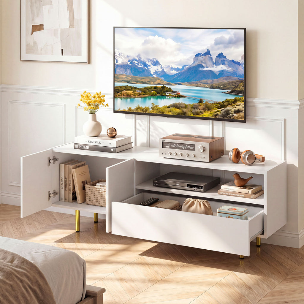 TV Stand for TVs up to 70" with Storage Cabinet and Raised Metal Legs-White
