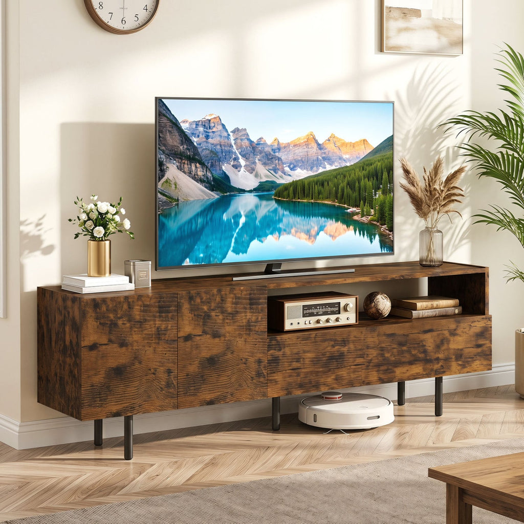TV Stand for TVs up to 70" with Storage Cabinet and Raised Metal Legs-Rustic Brown