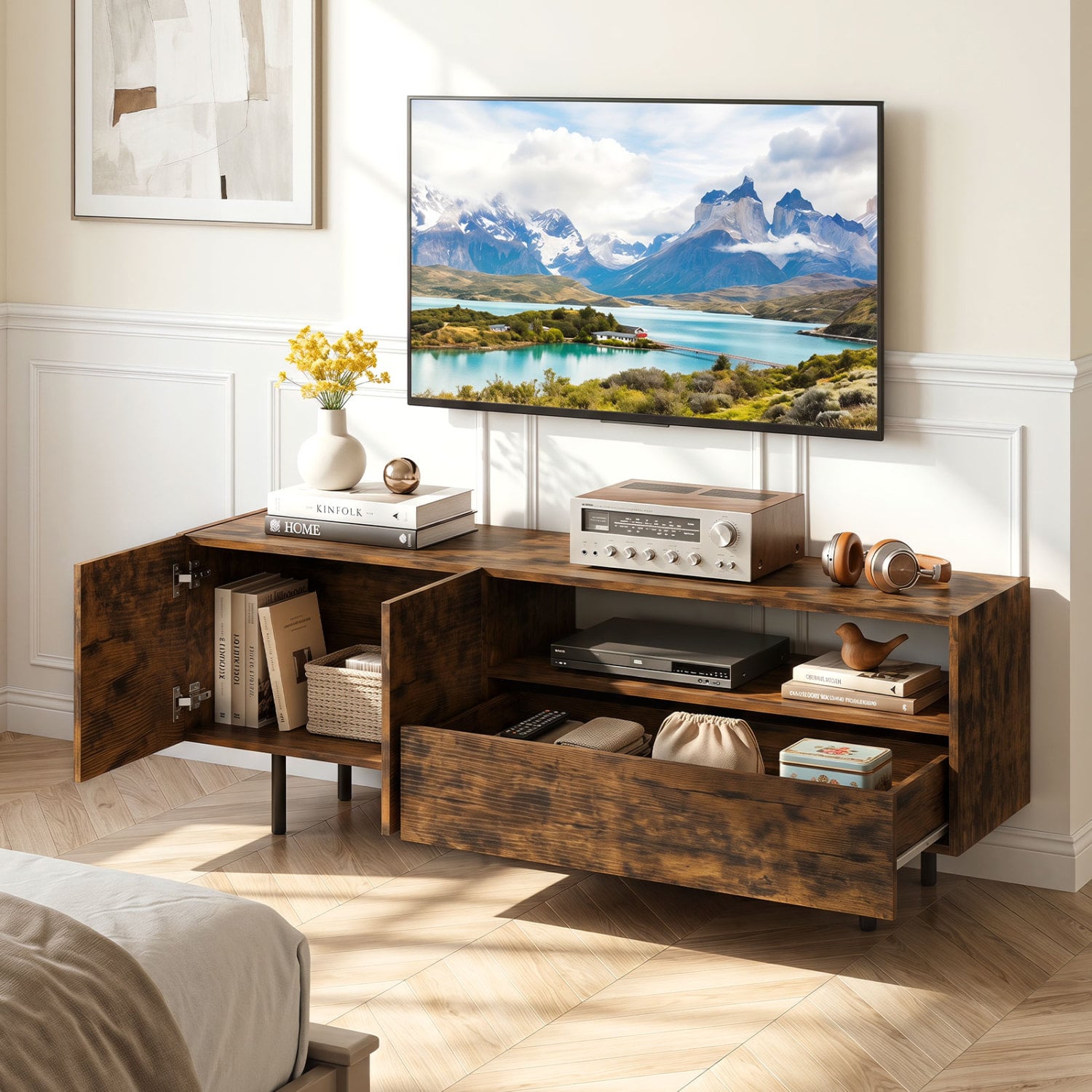 TV Stand for TVs up to 70" with Storage Cabinet and Raised Metal Legs-Rustic Brown