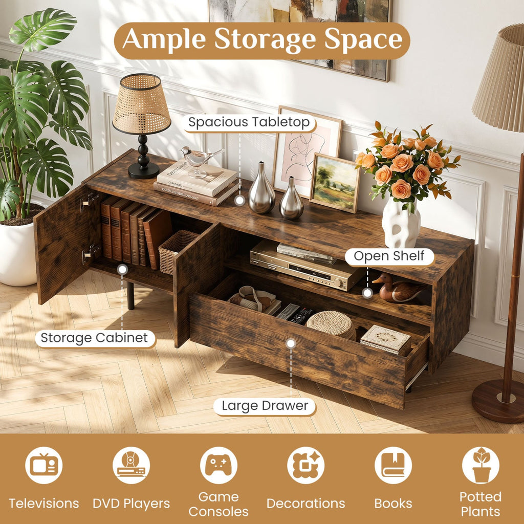 TV Stand for TVs up to 70" with Storage Cabinet and Raised Metal Legs-Rustic Brown