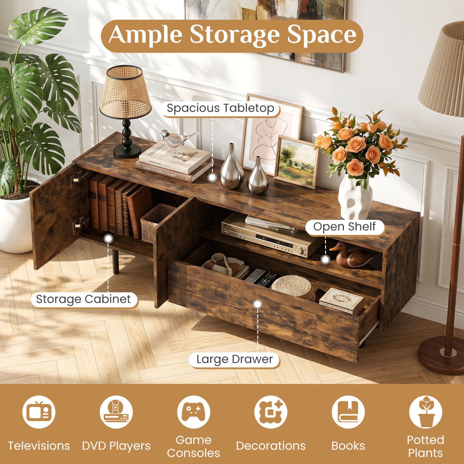 TV Stand for TVs up to 70" with Storage Cabinet and Raised Metal Legs-Rustic Brown