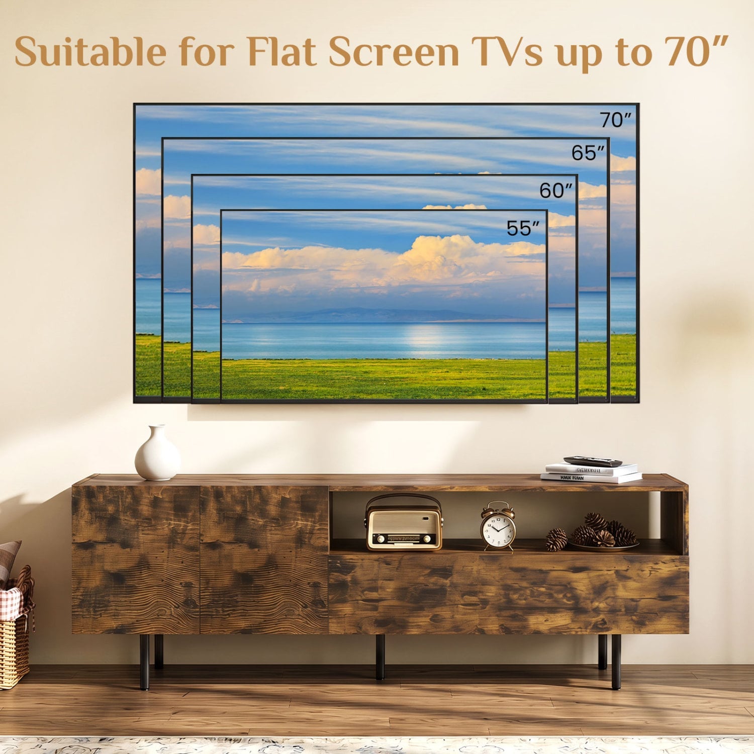 TV Stand for TVs up to 70" with Storage Cabinet and Raised Metal Legs-Rustic Brown