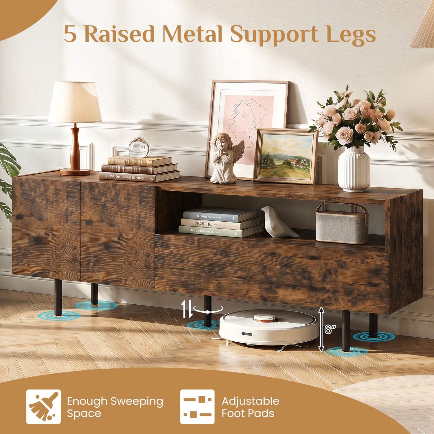 TV Stand for TVs up to 70" with Storage Cabinet and Raised Metal Legs-Rustic Brown