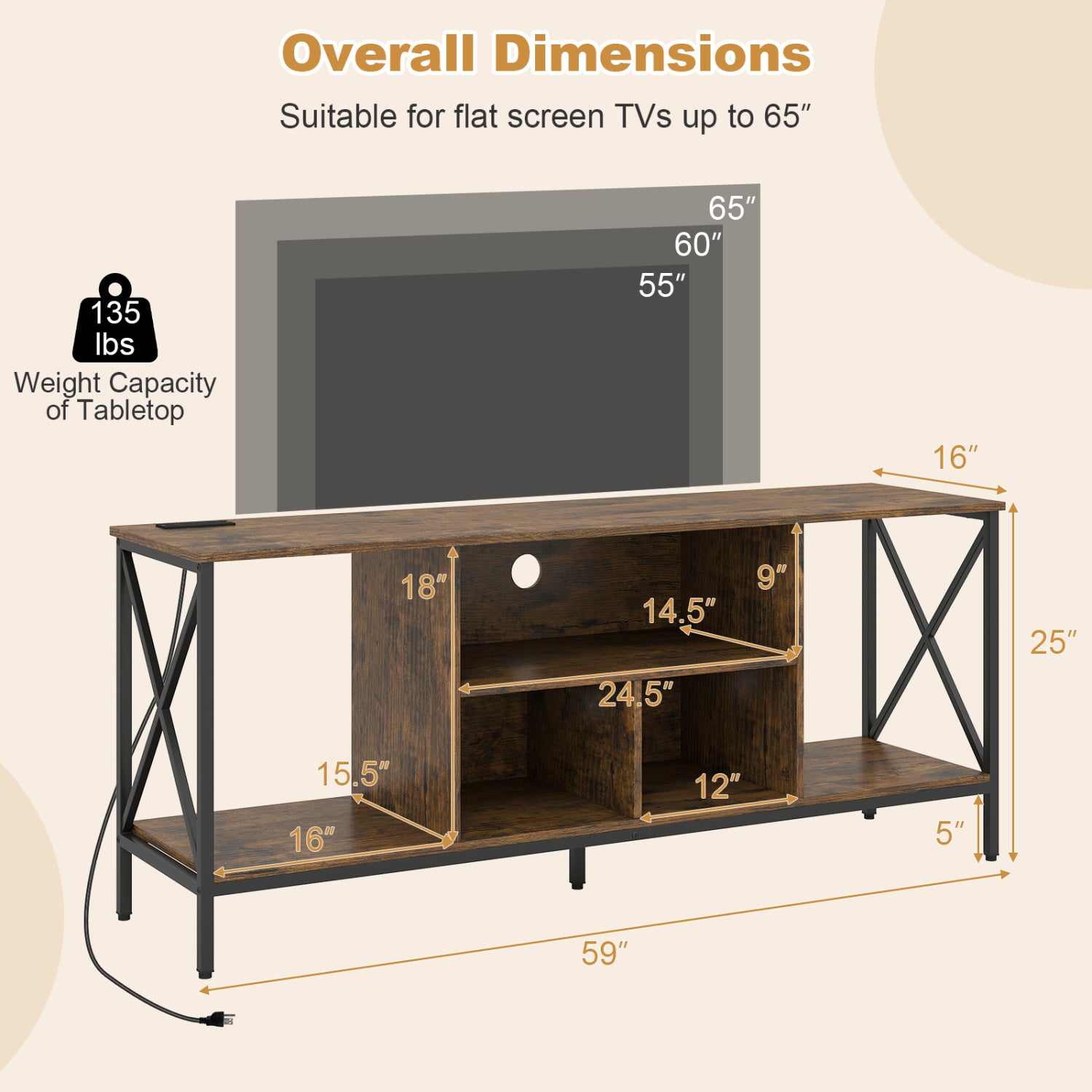 TV Stand with LED Lights for 65 Inch TV Entertainment Center with Power Outlets-Brown
