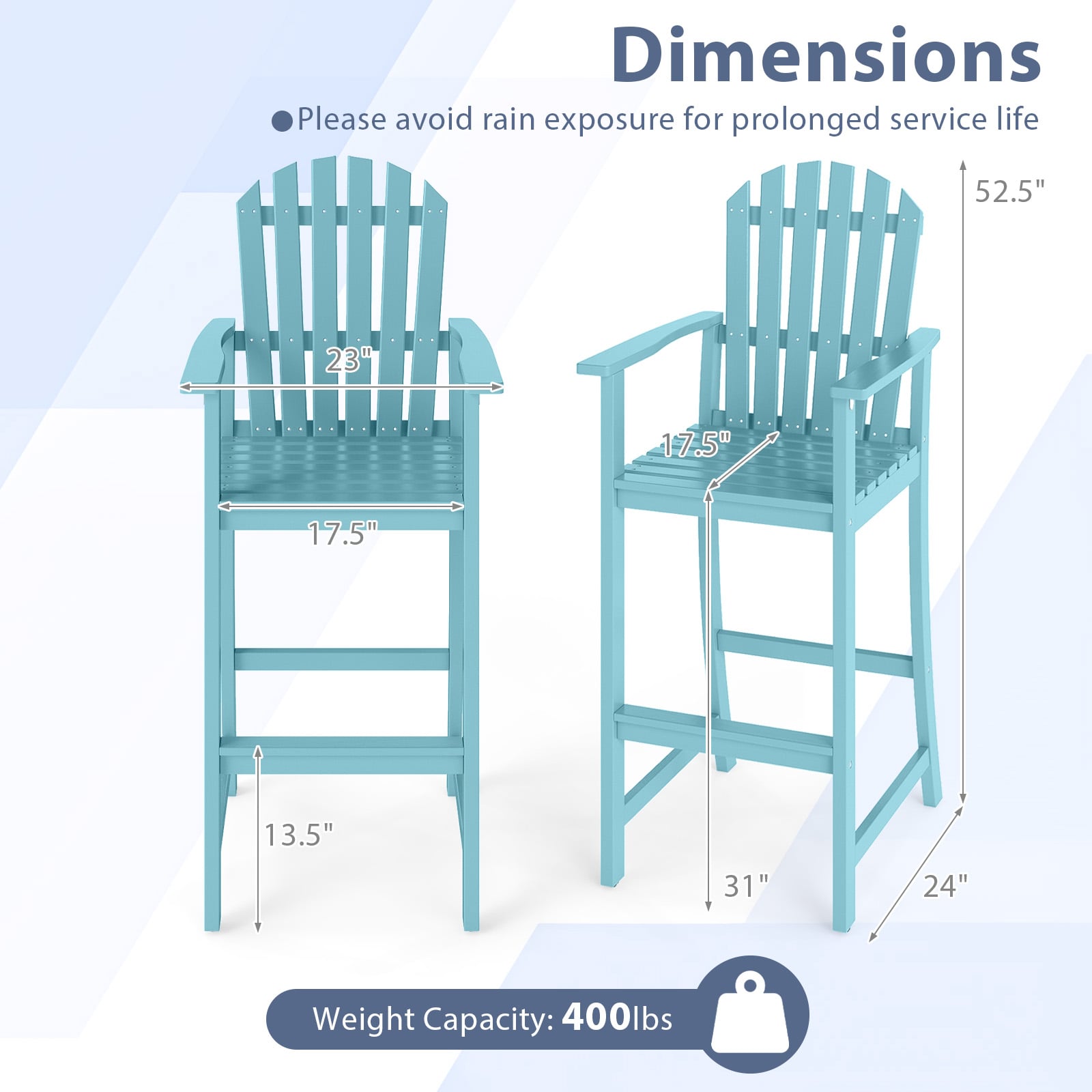 Chaise Adirondack haute avec accoudoirs et repose-pieds pour terrasse – Turquoise
