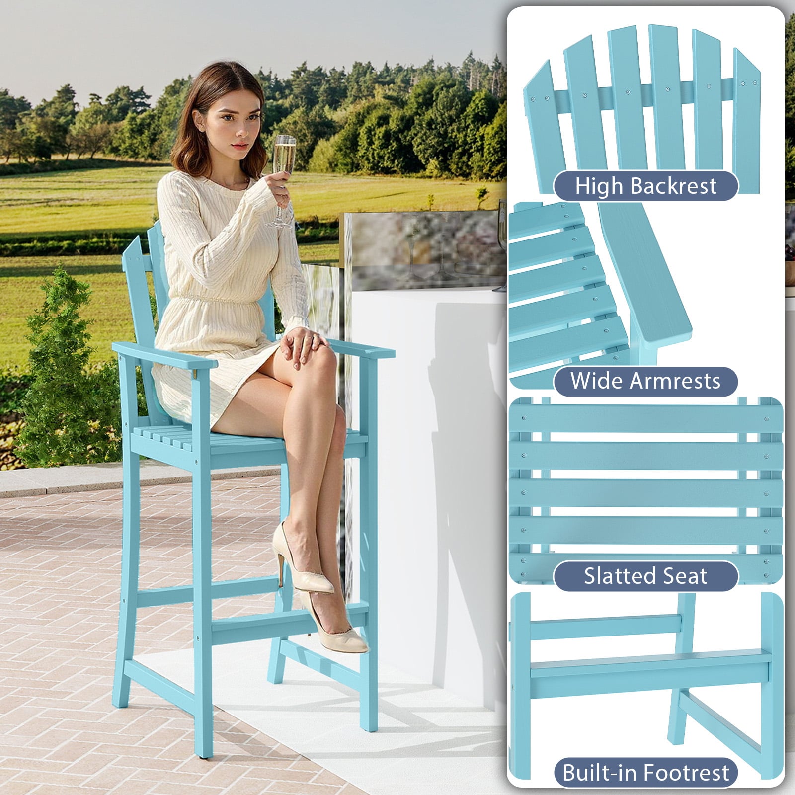 Chaise Adirondack haute avec accoudoirs et repose-pieds pour terrasse – Turquoise