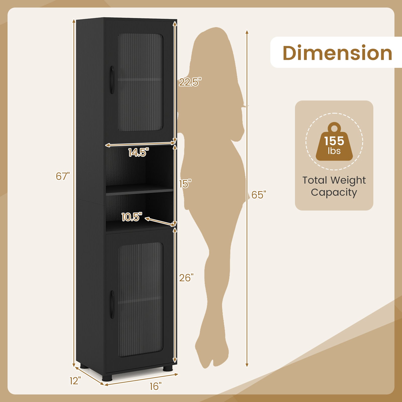 Tall Bathroom Storage Cabinet 67 Inches Freestanding Storage Organizer-Black