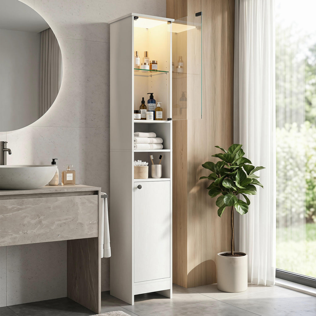 Tall Bathroom Storage Cabinet with LED Lights and Adjustable Shelves-White