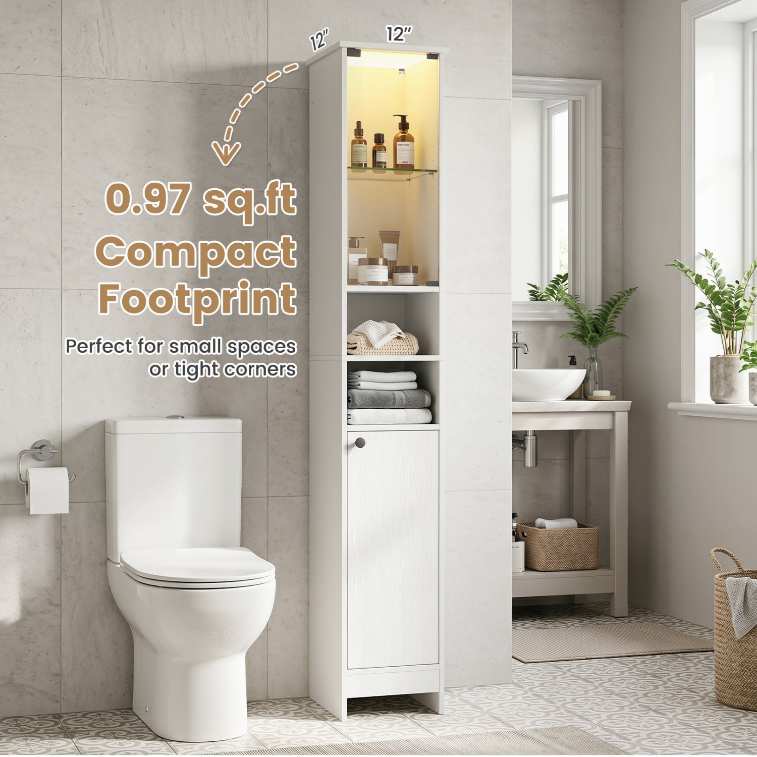 Tall Bathroom Storage Cabinet with LED Lights and Adjustable Shelves-White