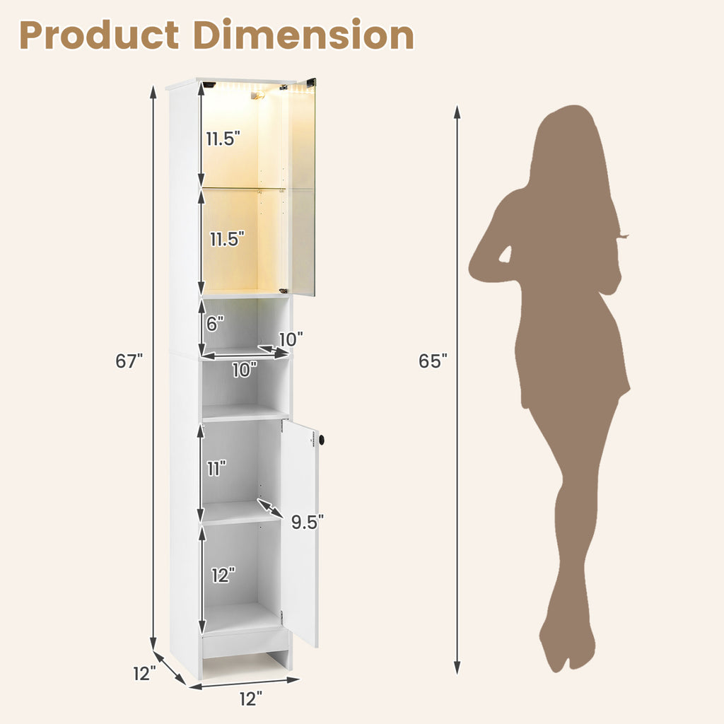 Tall Bathroom Storage Cabinet with LED Lights and Adjustable Shelves-White