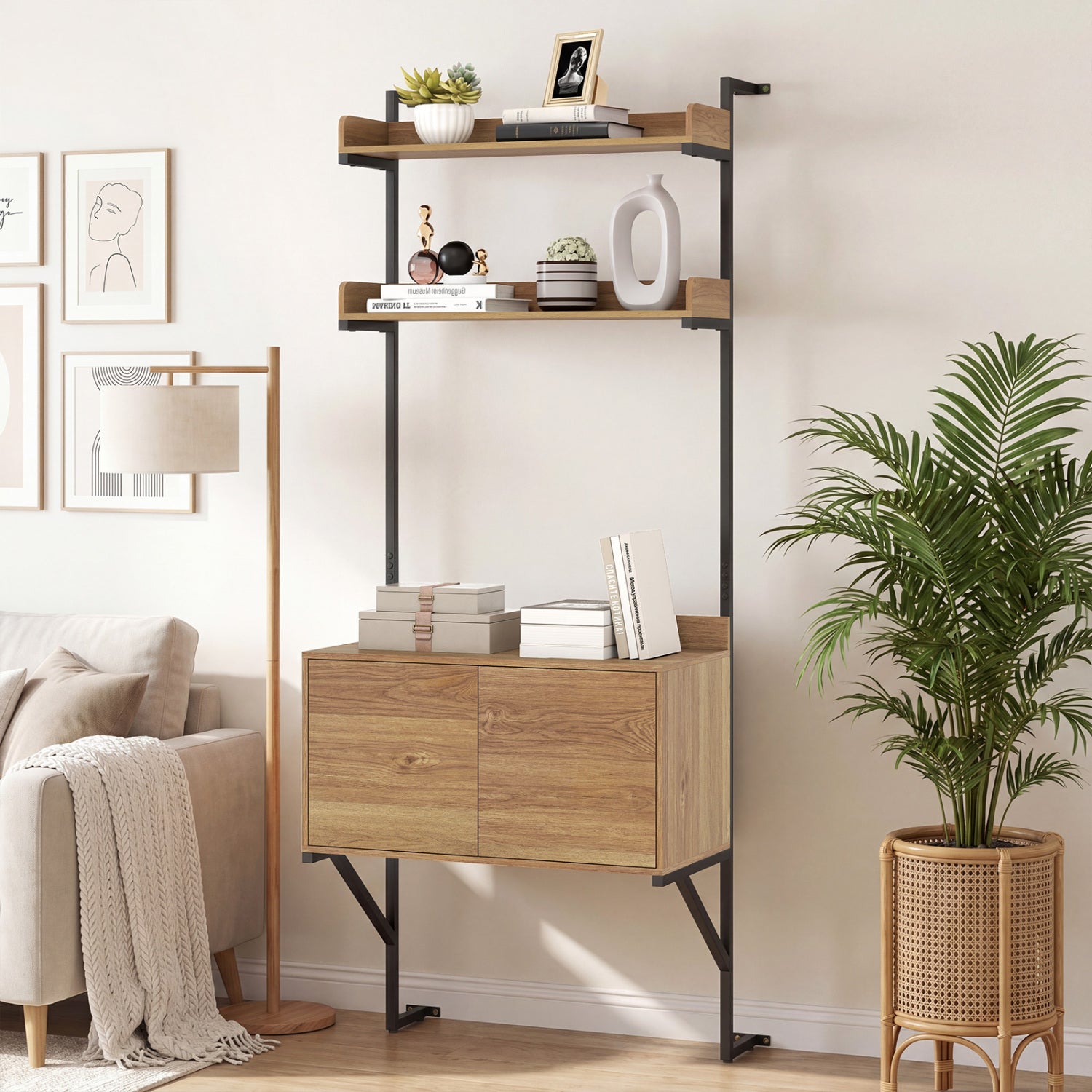 Tall Ladder Shelf with Storage Cabinet Narrow Wall Mounted Ladder Bookcase-Natural