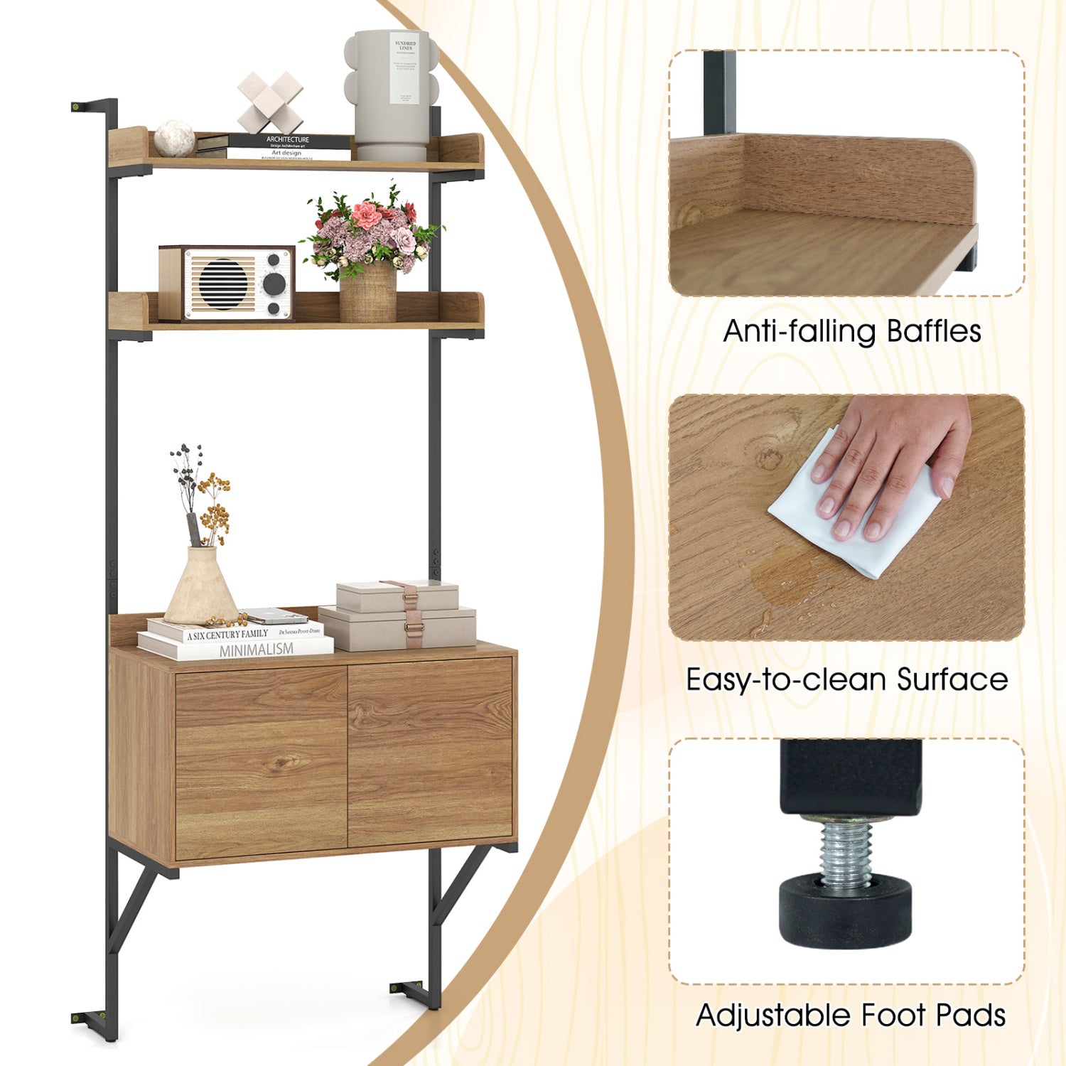 Tall Ladder Shelf with Storage Cabinet Narrow Wall Mounted Ladder Bookcase-Natural