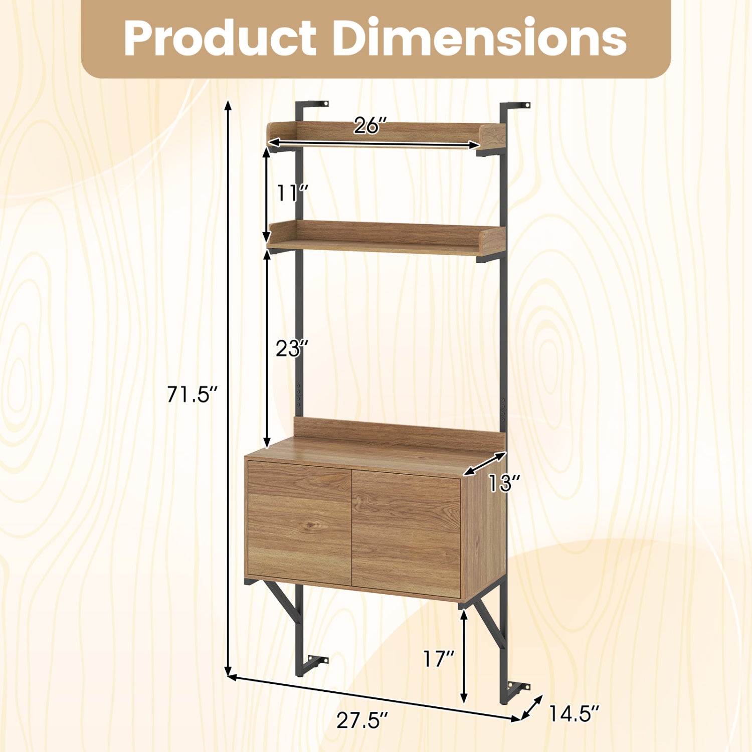 Tall Ladder Shelf with Storage Cabinet Narrow Wall Mounted Ladder Bookcase-Natural