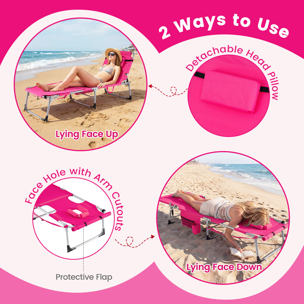 Tanning Chair with Face Arm Holes Portable Sunbathing Chair-Pink