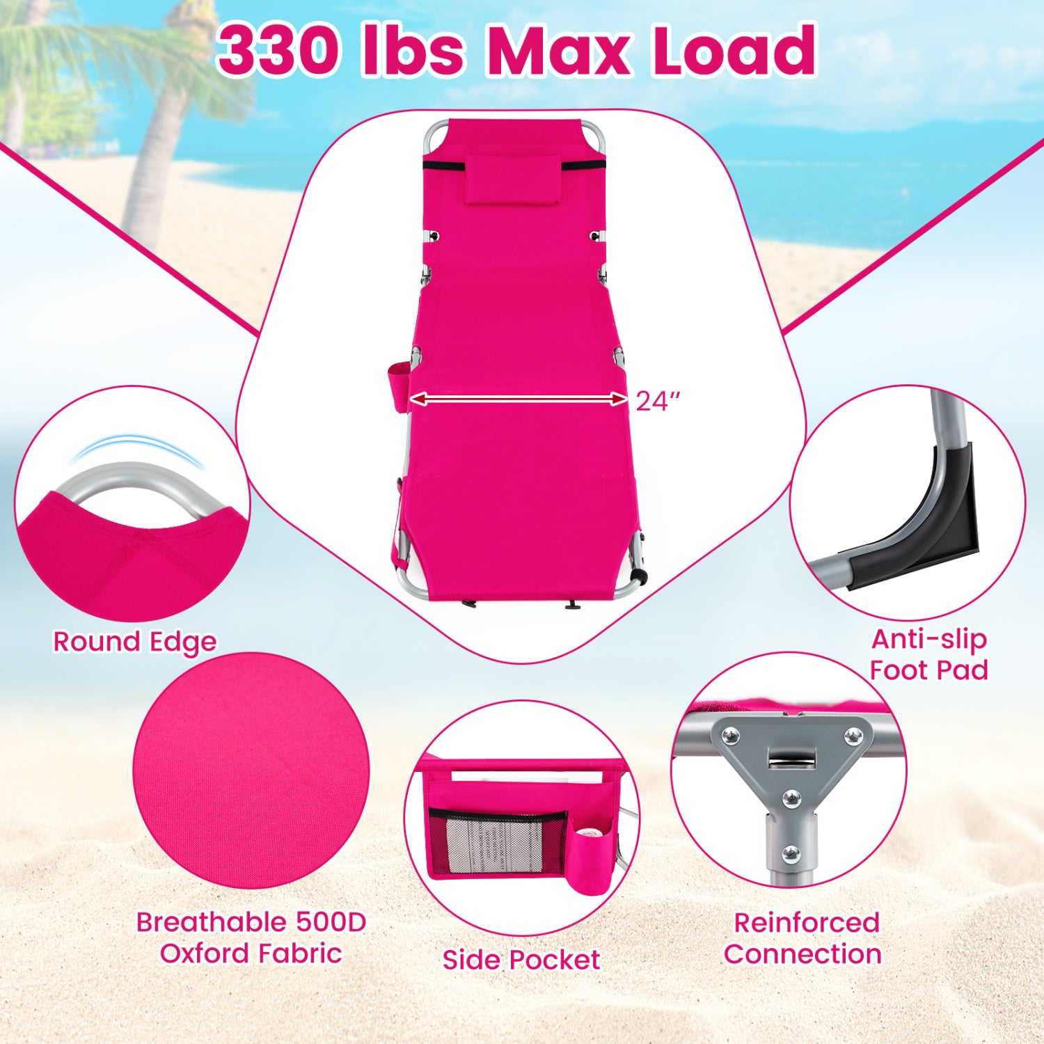 Tanning Chair with Face Arm Holes Portable Sunbathing Chair-Pink