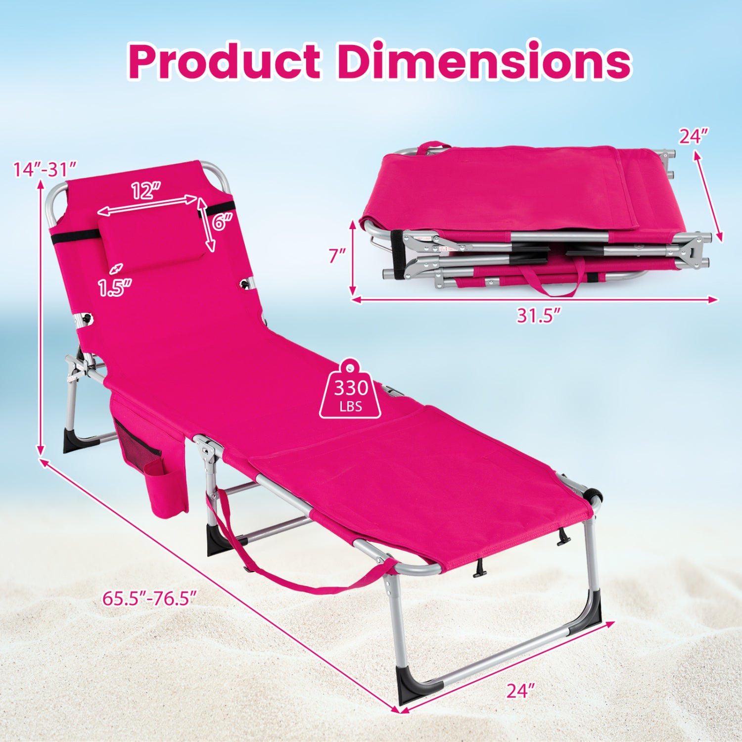 Tanning Chair with Face Arm Holes Portable Sunbathing Chair-Pink