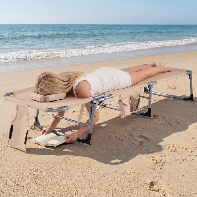 Tanning Chair with Face Arm Holes Folding Chair-Beige