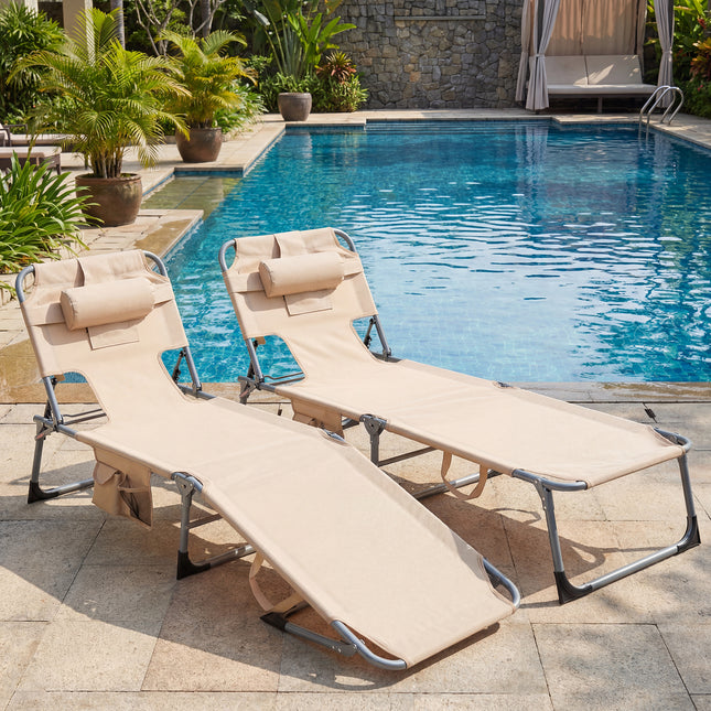 Tanning Chair with Face Arm Holes Folding Chair-Beige