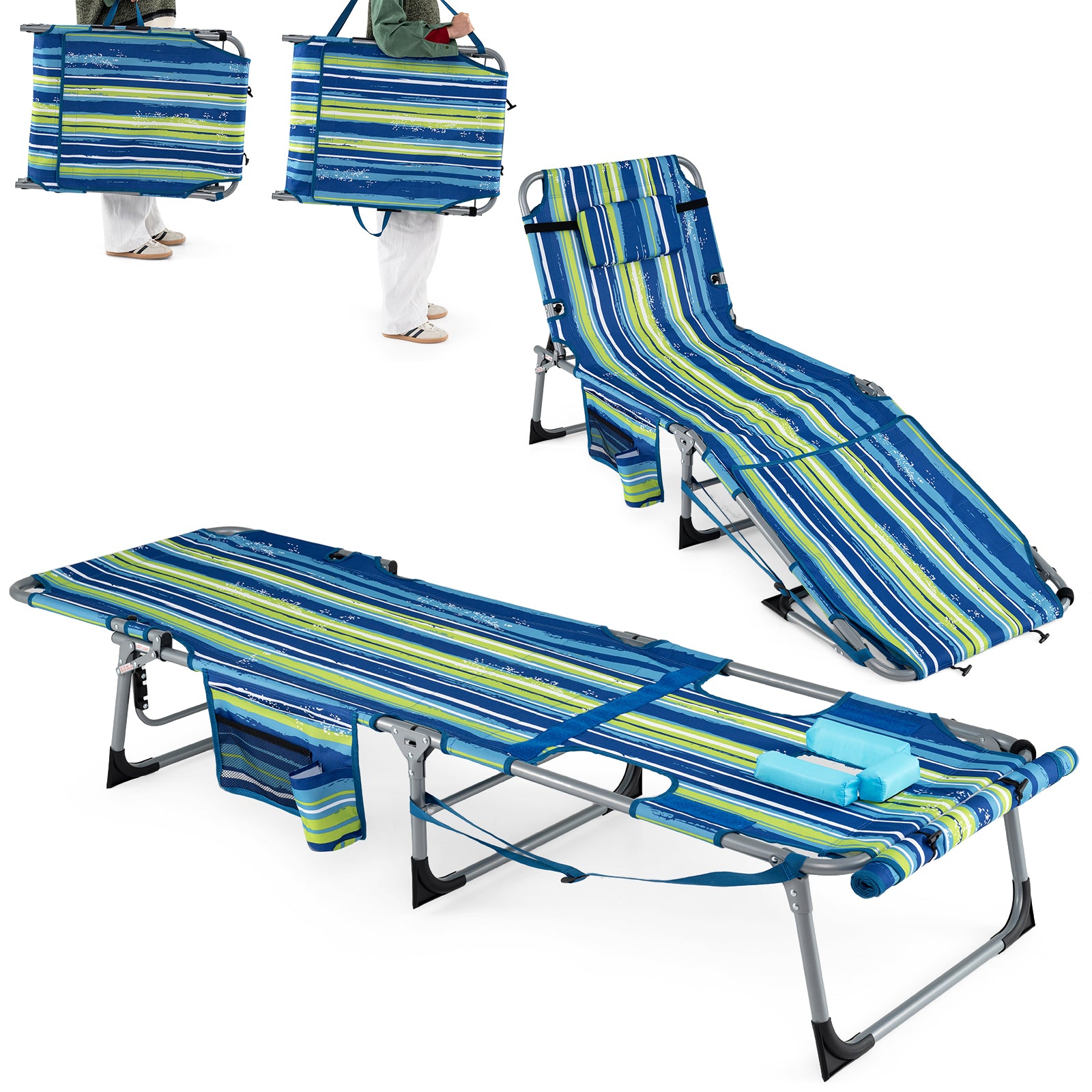 Tanning Chair with Face Arm Holes Portable Sunbathing Chair-Blue & Green