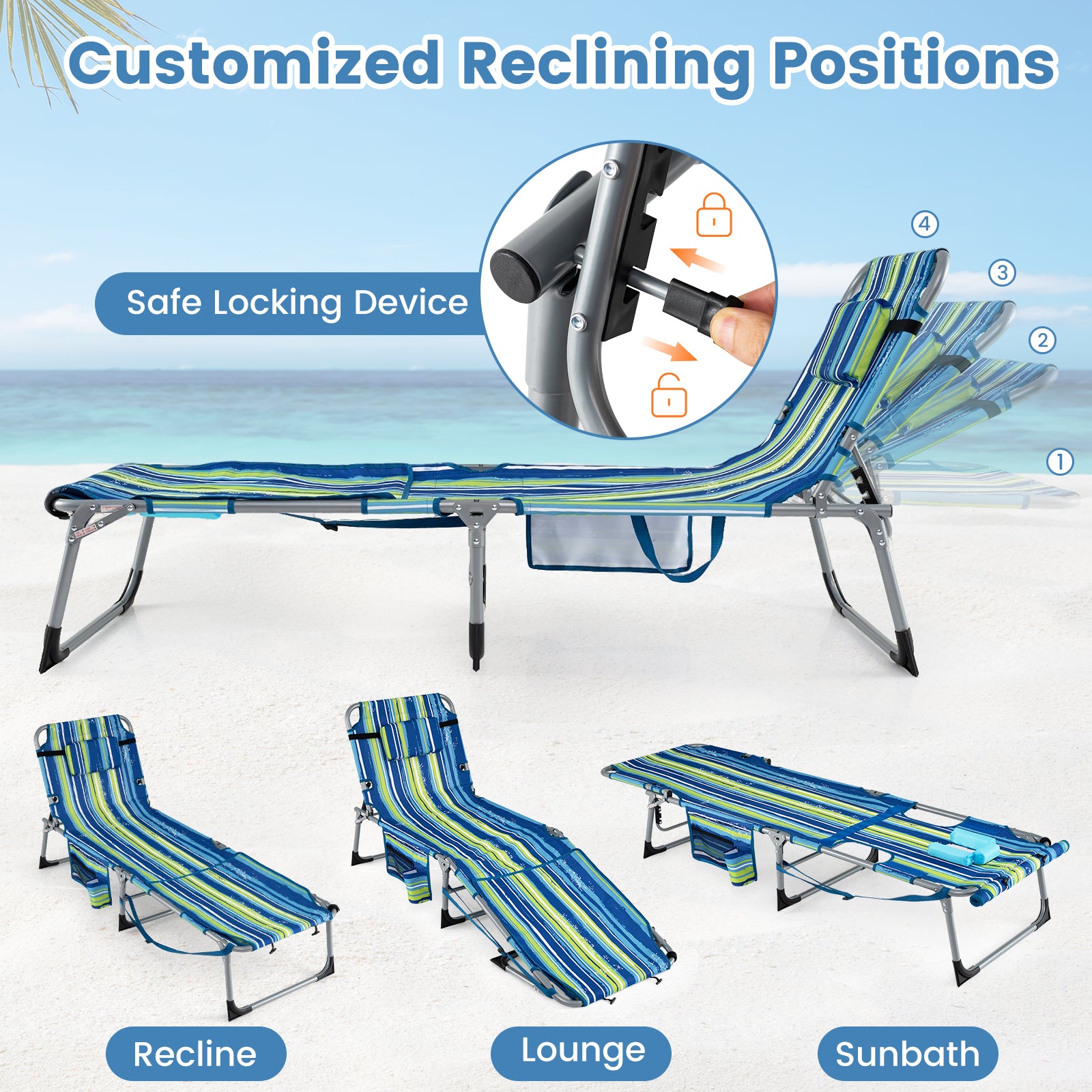 Tanning Chair with Face Arm Holes Portable Sunbathing Chair-Blue & Green