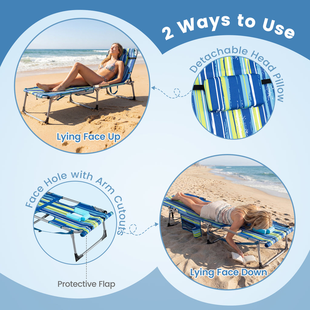 Tanning Chair with Face Arm Holes Portable Sunbathing Chair-Blue & Green