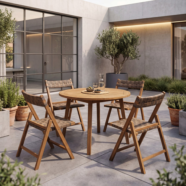 Teak Folding Chairs Set of 2 with Hand-Woven Rattan and Contoured Back