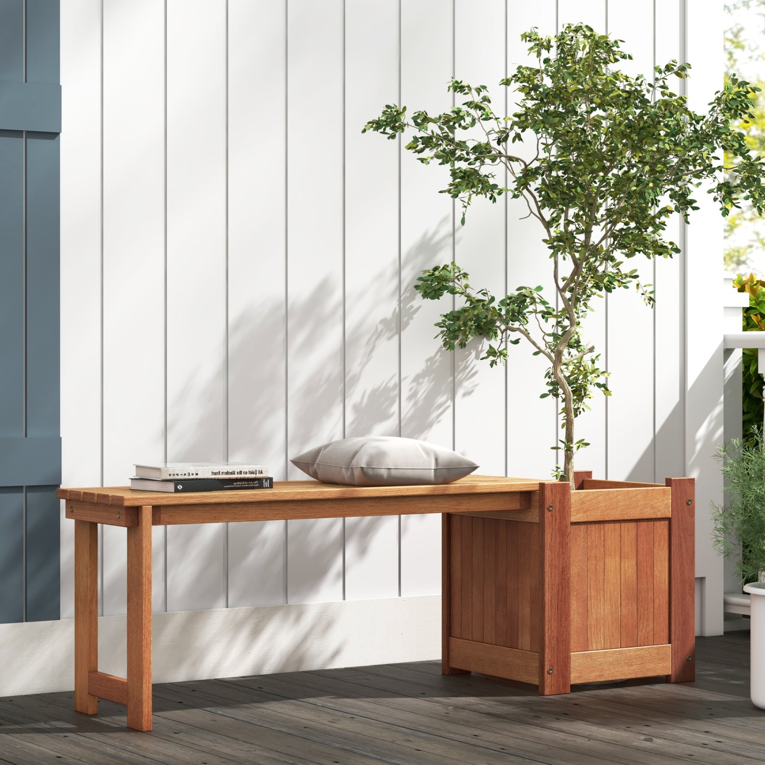 Jardinière surélevée en bois de teck avec banc intégré