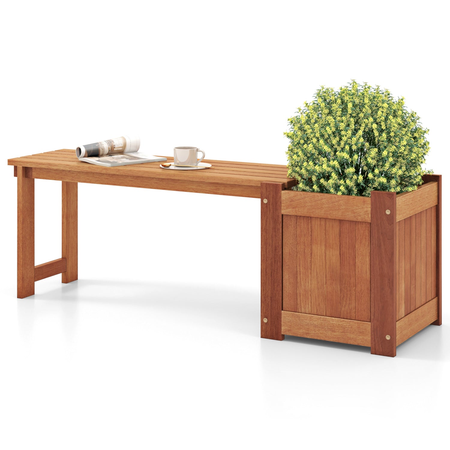 Jardinière surélevée en bois de teck avec banc intégré