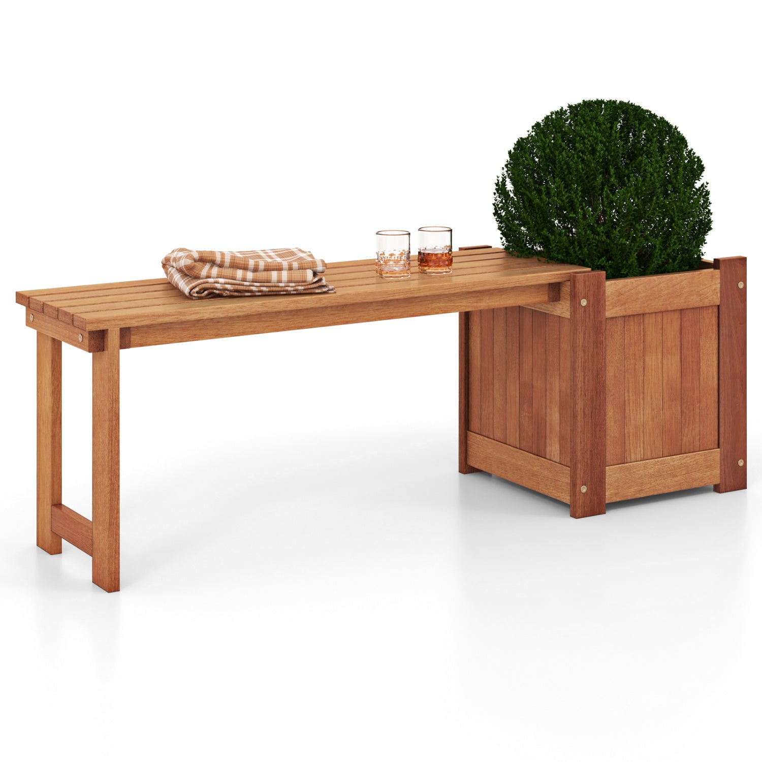 Jardinière surélevée en bois de teck avec banc intégré